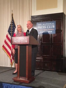 Debra Tice, the mother of missing journalist Austin Tice, with Georgetown University President John J. DeGioia at a reception at the National Press Club on August 14, six years to the day after Tice disappeared in Syria.