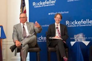 Two generations of Georgetown Law graduates: Scott Fein (L’75), now chair of the advisory board of the Government Law Center at Albany Law School and senior advisor to the Rockefeller Institute of Government's Center for Law & Policy Solutions, and Andrew Ayers (L’05), now assistant professor and director of the Government Law Center at Albany Law School, discuss the roles that state constitutions can play in the era of a shifting Supreme Court at a Rockefeller Institute forum in July.