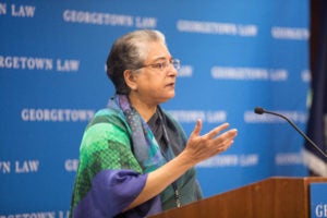 Hina Jilani, the former UN Special Representative on Human Rights Defenders, delivered the Drinan Lecture on "Human Rights and the Rule of Law in Times of Crisis" at Georgetown Law on October 3. 