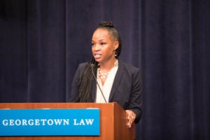 Professor Jamillah Bowman Williams speaks at "Taking Women, Survivors, & Government Institutions Seriously: An Open Dialogue for the Community in the Aftermath of the Confirmation Hearings" at Georgetown Law on October 10.