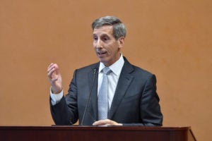 Federal Trade Commission Chair Joseph Simons (L’83) at an event honoring Robert Pitofsky on September 13, when the FTC held hearings at Georgetown Law. The FTC returns for a second day of hearings on November 1.