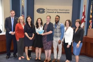 Matt Letourneau, Board Chairman, Metropolitan Council of Governments; Vicki Arroyo, Executive Director, Georgetown Climate Center; Jennifer Li, Fellow, GCC; Melissa Deas, Climate Program Analyst, D.C. Department of Energy & Environment; Jessica Grannis, Adaptation Program Director, GCC;  Everette Bradford, Program Analyst, DOEE; Gretchen Goldman, Chair, Air & Climate Public Advisory Committee, MWCOG; Mary Lehman, Chair, Climate, Energy & Environment Policy Committee, MWCOG. 