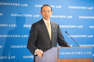 Deputy Attorney General Rod J. Rosenstein delivers the luncheon keynote at "Cybercrime 2020: Revisiting the Future of Online Crime and Investigations" at Georgetown Law on November 29.