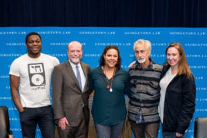 Dean William M. Treanor (second left), the Office of Alumni Affairs and Theater of Law Productions presented a reading from Aeschylus’ Eumenides in Hart Auditorium on November 14, with actors Obi Abili (left), Linda Powell (center), David Straithairn (second right) and Elizabeth Marvel (right). Professors Paul Butler, Naomi Mezey, Sherally Munshi and Julie O'Sullivan gave their reactions to the classic Greek play, which depicts the first murder trial in western culture, to start a conversation about morality and justice.
