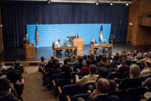 Dean William M. Treanor, the Office of Alumni Affairs and Theater of Law Productions presented a reading from Aeschylus’ Eumenides in Hart Auditorium on November 14, with actors Obi Abili, Linda Powell, David Straithairn and Elizabeth Marvel. 