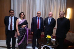 Vibha Datta Makhija (LL.M.’92) — the youngest and the third woman to be designated as a Senior Advocate by the Supreme Court of India — and a delegation from Georgetown Law including Dean William M. Treanor met with senior members of the judicial and legal community in India in December. From left: Vivek Sharma; Makhija; Honorable Mr. Justice Deepak Gupta, Supreme Court of India; Treanor; Mr. Arun Jaitley, Honorable Minister of Finance.