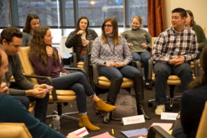 Georgetown Law 1Ls in Professor Thalia Gonzalez's “Restorative Justice” class participate in a talking circle during Week One. Week One classes are developed by Georgetown Law faculty to mirror situations that lawyers may face in the real world, from conflict resolution to teambuilding.