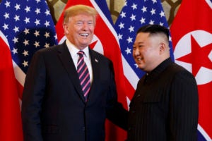 President Donald Trump meets North Korean leader Kim Jong Un, Wednesday, Feb. 27, 2019, in Hanoi. (AP Photo/ Evan Vucci)