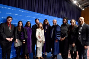 On February 12, Professor Jane Aiken (LL.M.'85) (center) was installed as the inaugural Blume Professor, made possible through the generosity of Bruce (L’80) and Ann Blume (center, left). Aiken was introduced by Associate Dean Kristin Henning (LL.M.'97) and Dean William M. Treanor. Students in the Blume Public Interest Scholars Program also attended the ceremony.