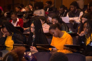 High school students in Hart Auditorium.