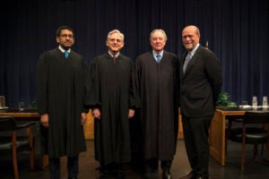 U.S. Court of Appeals for the D.C. Circuit Judge Sri Srinivasan, Chief Judge Merrick B. Garland (H'18), and Judge A. Raymond Randolph with Georgetown Law Dean William M. Treanor in Hart Auditorium on March 21.