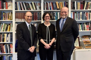 Georgetown Law Associate Dean John Mikhail, Boston College Law School Professor Mary Sarah Bilder, and Georgetown Law Dean William M. Treanor before the Thomas F. Ryan Lecture on March 6.