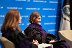 Professor Rosa Brooks, right (with Distinguished Visitor from Practice Christy Lopez) was installed as Georgetown Law’s inaugural Scott K. Ginsburg Professor of Law and Policy on March 20. 