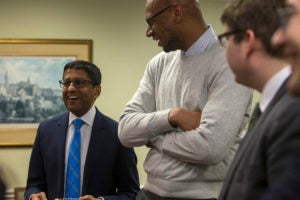 Judge Sri Srinivasan of the U.S. Court of Appeals for the D.C. Circuit speaks to students at a reception after oral arguments.