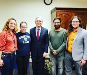 Georgetown Law students shared their phone photo: Section 3’s Natalie Tverdynin, Jocelyn Westray, Judge Merrick B. Garland, Akshay Nelakurti, Jeremy Penn.