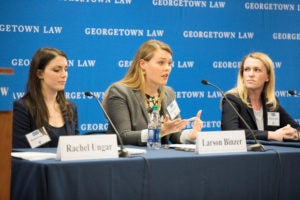 Human Rights Institute Fact-Finding Practicum Students Rachel Ungar (L'20), Larson Binzer (L'20) and Madelyn Carter (L'20) present their findings at the 2019 Dash Conference.