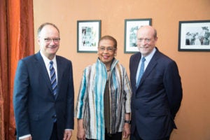 Georgetown University President John J. DeGioia, Congresswoman Eleanor Holmes Norton, Georgetown Law Dean William M. Treanor.