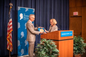 Professor Randy Barnett, director of Georgetown Law’s Center for the Constitution, with Judge Joan Larsen of the U.S. Court of Appeals for the Sixth Circuit. Larsen delivered the inaugural Thomas M. Cooley Judicial Lecture at Georgetown Law in April. Harvard Law's Richard H. Fallon Jr. won this year's Cooley Book Prize. (Photos Courtesy of The Federalist Society).