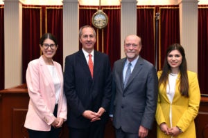 Georgetown Law Journal Editor in Chief (2018-2019) MJ Kirsch (L'19), Judge Thomas Hardiman (L'90), Dean William M. Treanor and Editor in Chief (2019-2020) Grace Paras (L'20) at the Journal's Annual Alumni Banquet March 30.