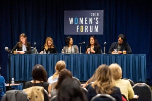 Alexandra Givens of Georgetown Law's Institute for Technology Law & Policy leads a panel at Georgetown University's 2019 Women's Forum with Distinguished Fellow Terrell McSweeny, Subha Madavan of the Georgetown University Medical Center, Ghita Harris-Newton (L'99), Alyssa Harvey Dawson (L'96). 