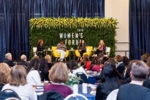 Georgetown Law Professor Hillary Sale (right) leads a panel at Georgetown University's 2019 Women's Forum with Juliette Pryor (L'91, MS'91), Fatima Goss Graves of the National Women's Law Center, and Nicolina O'Rourke (B'00). 