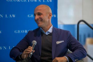 Pete Bevacqua (L'97), president of NBC Sports Group, spoke to students in a conversation with Professor Brad Snyder at Georgetown Law in April.