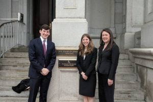 Aaron Steeg (L’19) and Claire Cahill (L’19) with Professor Erica Hashimoto of the Appellate Litigation Clinic after Cahill argued before the U.S. Fourth Circuit Court of Appeals in January.