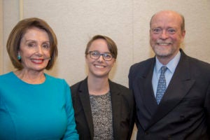 House Speaker Nancy Pelosi (D-Calif.)(H'02), with Ashley Nicolas (L'19) and Dean William M. Treanor before the May 16 event.