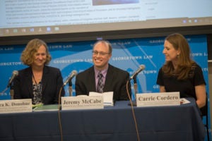 Professor Laura Donohue, Research Librarian Jeremy McCabe and Adjunct Professor Carrie Cordero launched the Center on National Security's Foreign Intelligence Law Collection. The center's Executive Director, Nadia Asancheyev, introduced the panel.