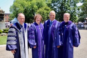 Commencement 2019: Georgetown University President John J. DeGioia, left, and Georgetown Law Dean William M. Treanor, right, with honorary degree recipients Barbara Underwood (L'69)(H'19) and Judge Emmet G. Sullivan (H'19). Underwood, the solicitor general of the State of New York, delivered the Commencement address. 