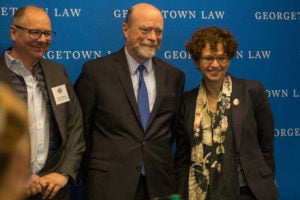 Professor Ugo Panizza of the Graduate Institute in Geneva, Georgetown Law Dean William M. Treanor, and Professor Anna Gelpern at "Debtcon," a conference co-sponsored by the Institute of International Economic Law, in April.