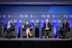 Brad Carr, senior director of Digital Finance Regulation and Policy at the Institute of International Finance; Amy Kim, chief policy officer at the Chamber of Digital Commerce; and Tim Swanson, founder of Post Oak Labs, with Professor Chris Brummer.