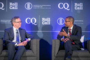 Steven Maijoor, chair of the European Securities and Markets Authority, speaks with Georgetown Law Professor Chris Brummer in Gewirz Student Center on June 12.