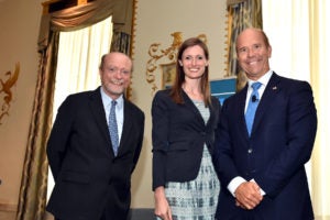 Georgetown Law Dean William M. Treanor, Executive Director Alexandra Givens of Georgetown Law's Institute for Technology Law & Policy, and John K. Delaney (L'88) at the Washington, D.C., Alumni Luncheon on June 11. 