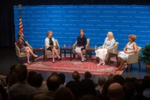 Joan Biskupic (L‘93, H‘14)(center) moderated a panel that included Cornelia ("Nina") Pillard (left), Katie Gibson, Elizabeth Wydra (LL.M.‘09) and Fatima Goss Graves (right). 