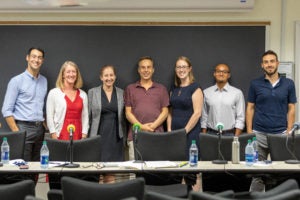 The team of Georgetown Law's Institute for Constitutional Advocacy and Protection (ICAP) with "Talking Feds" host Harry Litman: Joshua Geltzer, Mary McCord, Annie Owens, Litman, Amy Marshak, Nik Riley, Seth Wayne (Photography by Anthony Lemos | Infinite Gain Productions).