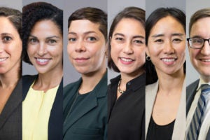 Georgetown Law tenure-track Professors Yael Cannon, Vida Johnson, Amanda Levendowski, Laura Moy and K-Sue Park, with Legal Practice Professor Jonah Perlin. Four of the six are already well known at the Law Center; two are new arrivals on campus. 