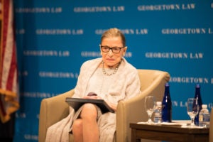 Justice Ruth Bader Ginsburg in Georgetown Law’s Hart Auditorium on September 12. She addressed the 1L entering class and then joined Dean William M. Treanor for a discussion.