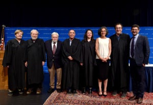 Faculty participate in a mock moot court for students during Orientation Week.