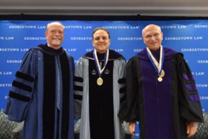 Dean William M. Treanor, Professor Carlos M. Vázquez, and Professor David Luban at Vázquez's installation as the second Scott K. Ginsburg Professor of Law on September 25. 