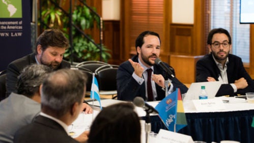 Professor Alvaro Santos, faculty director of Georgetown Law's Center for the Advancement of the Rule of Law in the Americas (CAROLA) and CAROLA Fellow Mario Osorio at the September 16 workshop on Investor-State Dispute Settlement (ISDS) Reform.
