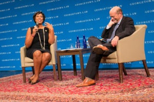 D.C. Mayor Muriel Bowser with Dean William M. Treanor onstage in Hart Auditorium.