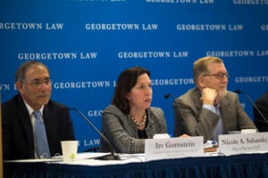 Supreme Court Institute Executive Director Irv Gornstein, Nicole Saharsky of Mayer Brown and Professor from Practice Paul M. Smith at the Supreme Court Institute's Press Preview on September 24.