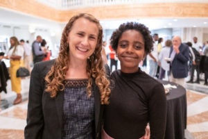 Rebecca Epstein, director of Georgetown Law's Center on Poverty and Inequality, with 12-year-old student activist Naomi Wadler at "Girlhood Interrupted" at the National Museum of Women in the Arts on September 8.