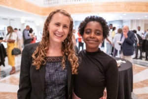 Rebecca Epstein, director of Georgetown Law's Center on Poverty and Inequality, with 12-year-old student activist Naomi Wadler at "Girlhood Interrupted" at the National Museum of Women in the Arts on September 8.