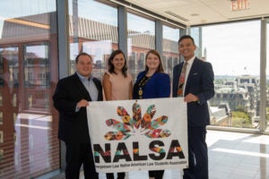 Michael Fisher (L'20), president of Georgetown Law's Native American Law Students' Association; Kayla Gebeck (L'20), NALSA vice president; Kelbie Kennedy, policy counsel for the National Congress of American Indians; and Emery Real Bird, financial management policy specialist at the Native American Finance Officers Association at Holland & Knight on September 20.