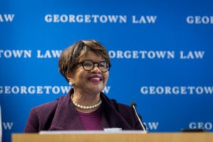 Professor Emma Coleman Jordan at Georgetown Law's conference on Law and Macroeconomics on September 27. Jordan led a discussion with Professor Daniel K. Tarullo, a former member of the Federal Reserve who teaches at both Harvard and Georgetown, and former Fed Chair Janet L. Yellen.