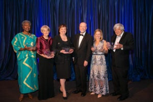 New York Solicitor General Barbara Underwood (L’69, H’19) (center, with Georgetown Law Dean William M. Treanor), received the Robert F. Drinan, S.J., Law Alumni Public Service Award at the Reunion 2019 Gala. Devarieste Curry (L’84)(left), Beth McCann (L’74), Ann Beth Stebbins (C’86, L’94), and Donald S. Burris (L’69)(right), were each honored with the Paul R. Dean Alumni Award. 