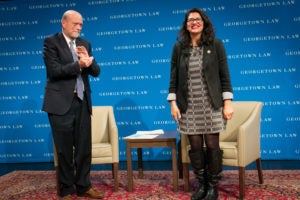 Dean William M. Treanor with Rep. Rashida Tlaib (D-Mich.)