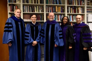 Associate Dean James Feinerman, Chief Judge Robert A. Katzmann, Georgetown Law Dean William M. Treanor, Associate Dean Kristin Henning, and Associate Dean John Mikhail on October 16, just before Treanor was honored with the Paul Regis Dean Leadership Chair.